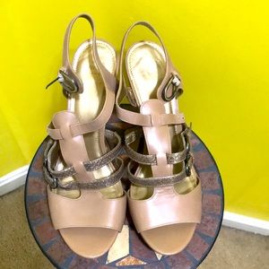 Tan and gold strap on sandals EUC